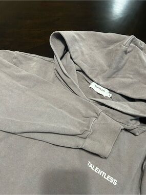 TALENTLESS muted gray pullover hoodie with white logo